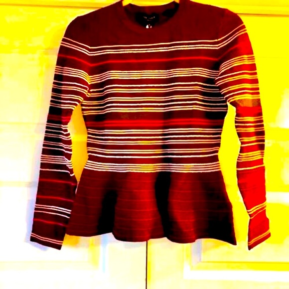 NWT TED BAKER London Leytina Burg Gold Metallic Peplum Sweater 2 MSRP $189 - Picture 6 of 10